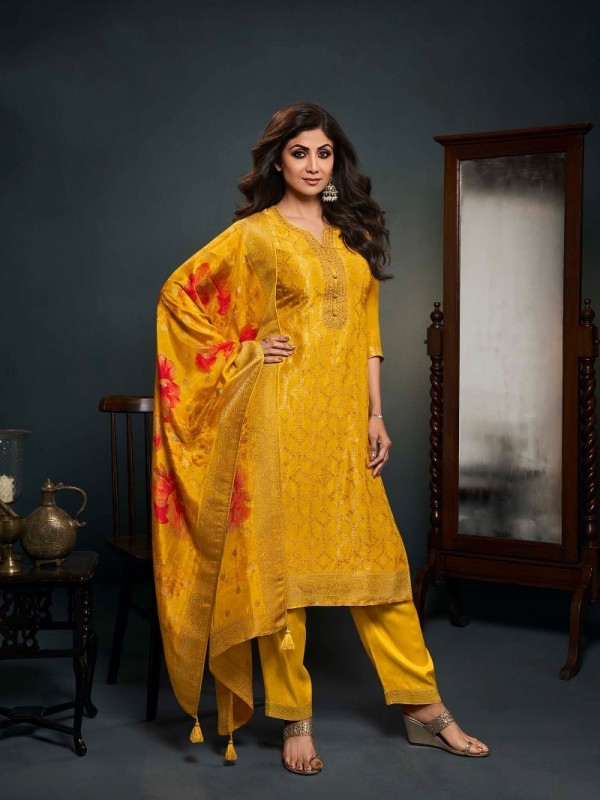 Pure Viscose Dola Silk Party Wear Suit in Yellow Color With Embroidery Work