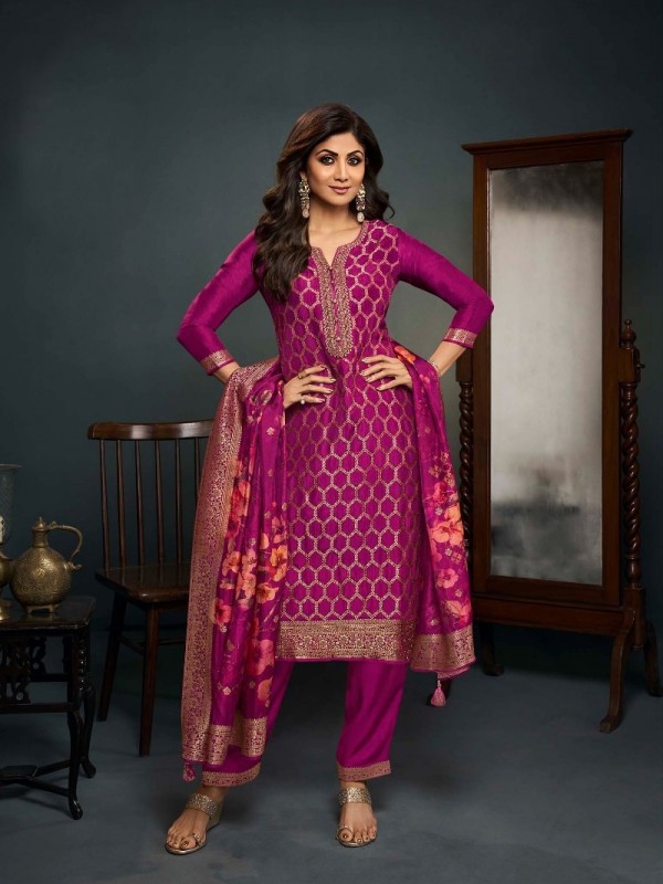 Pure Viscose Dola Silk Party Wear Suit in Dark Pink Color With Embroidery Work