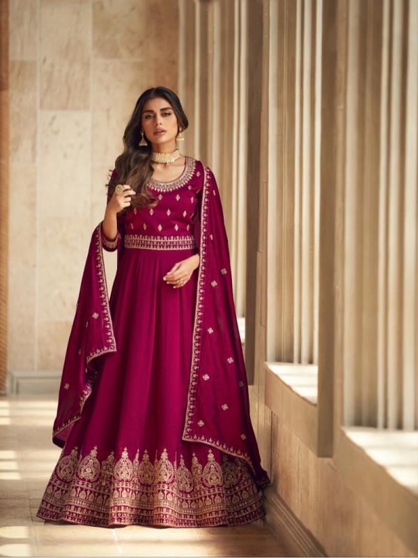 Premium Silk Party Wear Gown Magenta Color with  Embroidery Work