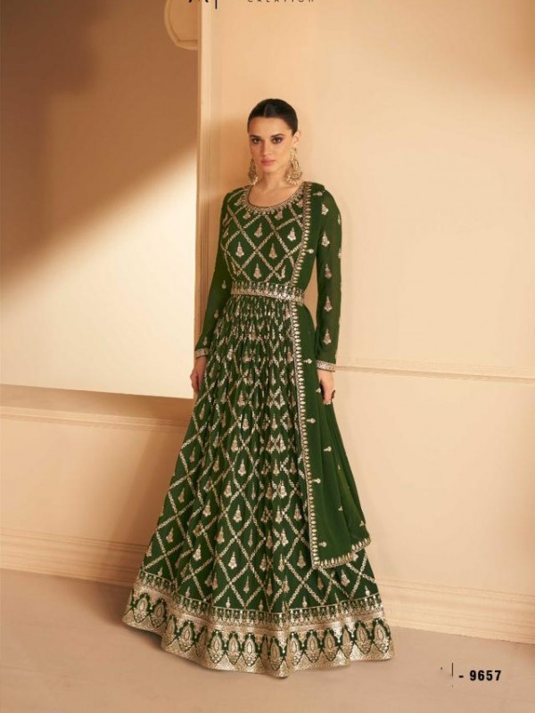 Georgette  Party Wear Gown Green Color with  Embroidery Work