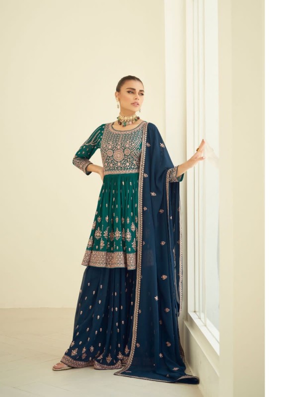 Pure Georgette Party Wear Sarara in Turquoise & Blue Color with  Embroidery Work