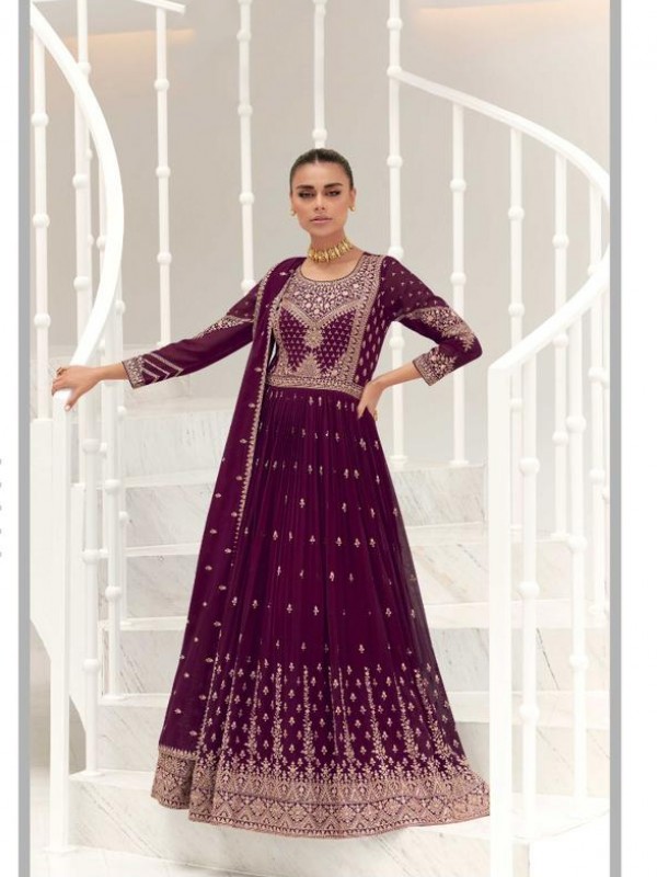 Georgette  Party Wear Gown Purple Color with  Embroidery Work