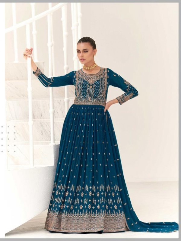 Georgette  Party Wear Gown Blue Color with  Embroidery Work