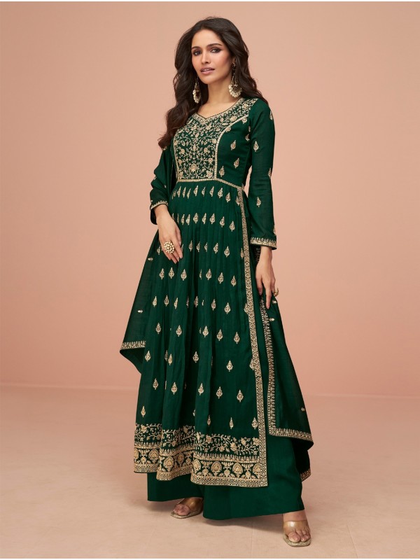 Vichitra Silk Party Wear Sharara In Green With Embroidery Work 
