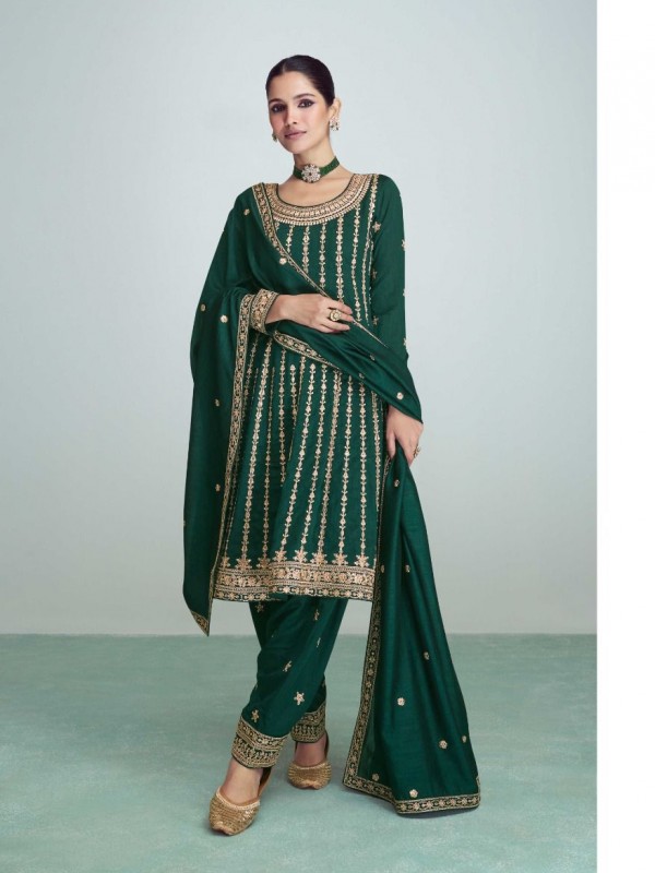 Premium Silk  Party Wear Suit  in Green Color with  Embroidery Work