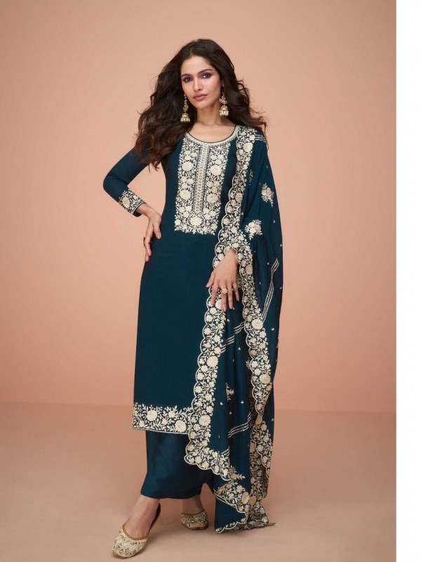 PREMIUM SILK  Silk Party Wear Suit in Teal Blue Color with Embroidery Work