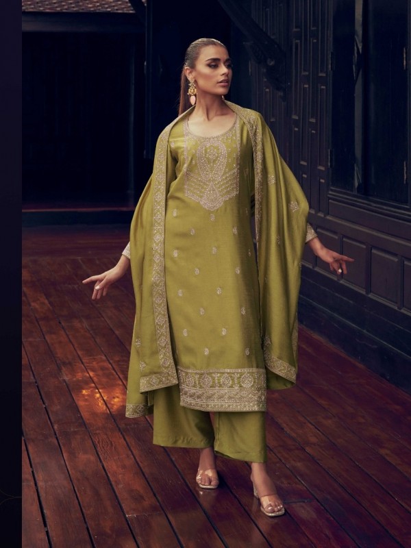 PREMIUM SILK  Silk Party Wear Suit in Olive Green Color with Embroidery Work