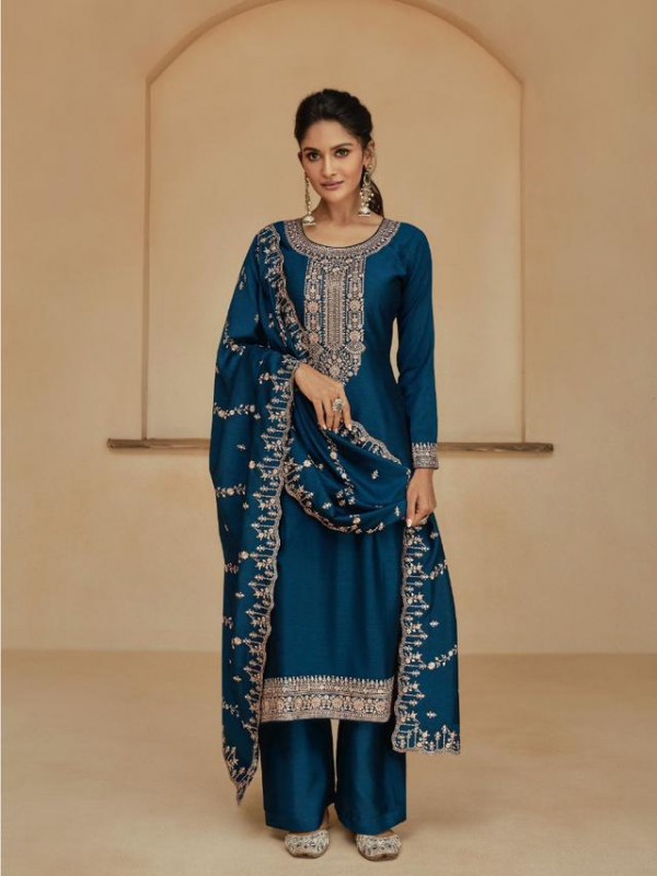 PREMIUM SILK  Silk Party Wear Suit in Teal Blue Color with Embroidery Work