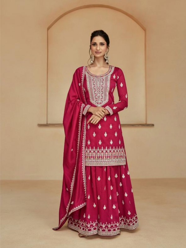 Premium Silk  Party Wear Sharara In Pink With Embroidery Work 