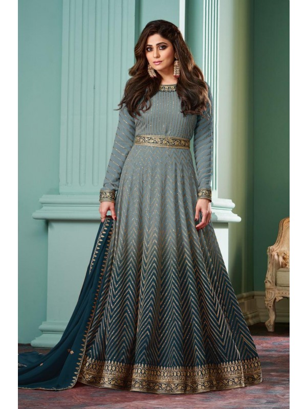 Georgette  Party Wear Gown Grey Color with  Embroidery Work