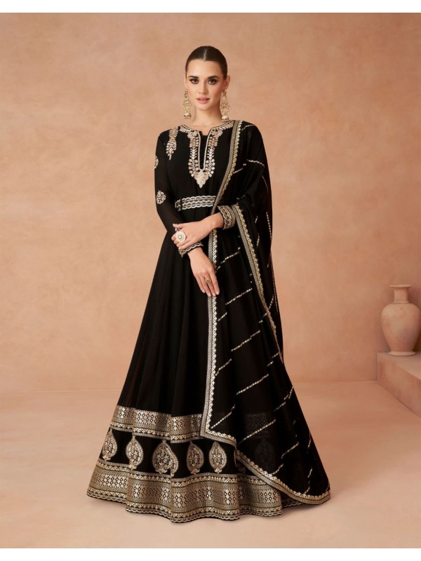 Georgette  Party Wear Gown Black Color with  Embroidery Work