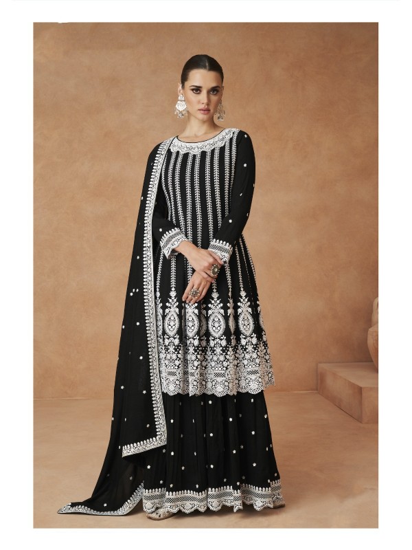 PREMIUM SILK  Silk Party Wear Sharara in Black Color with Embroidery Work