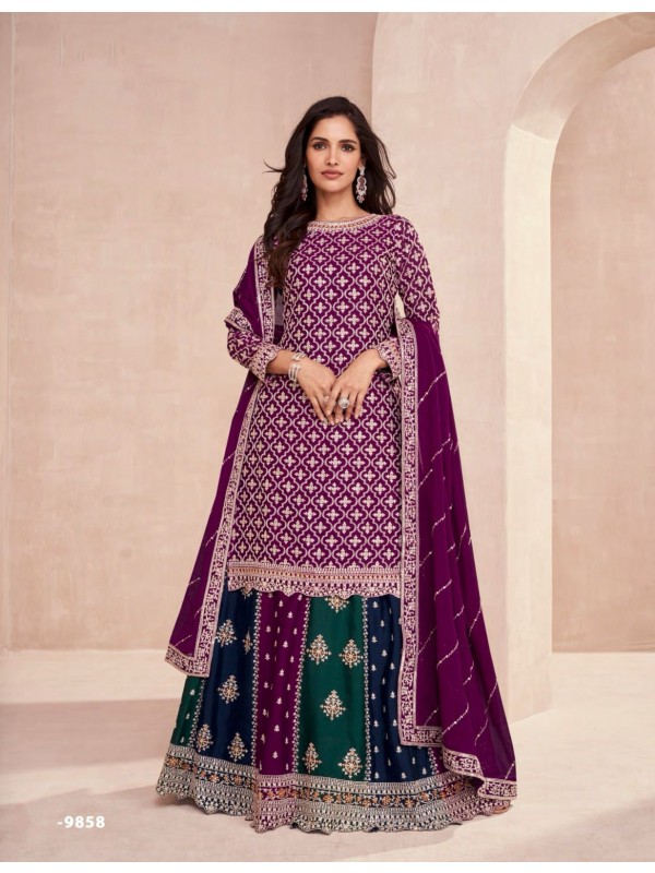 Premium Chinon  Silk Party Wear Sharara in Purple Color with Embroidery Work