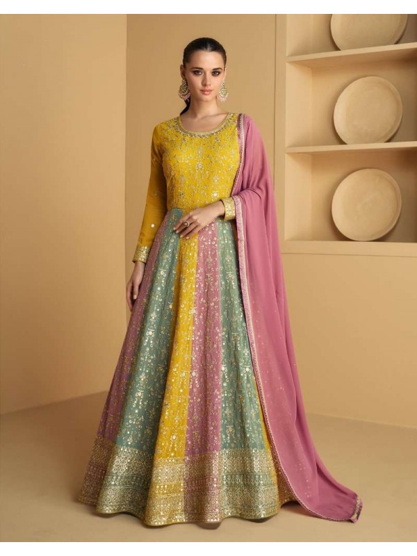 Real Georgette Party Wear Gown Multicolor Color with  Embroidery Work