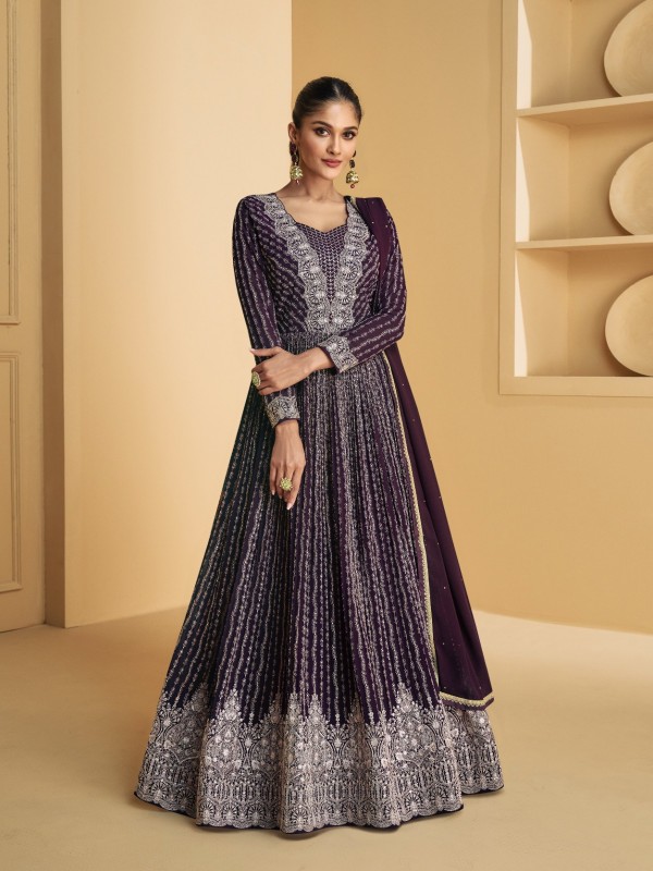 Real Georgette Party Wear Gown Violet Color with  Embroidery Work