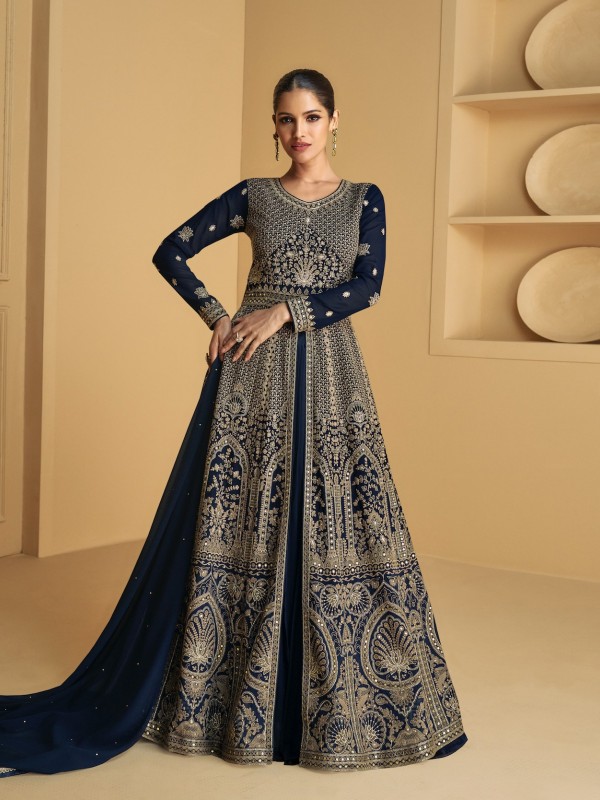 Real Georgette Party Wear Gown Blue Color with  Embroidery Work
