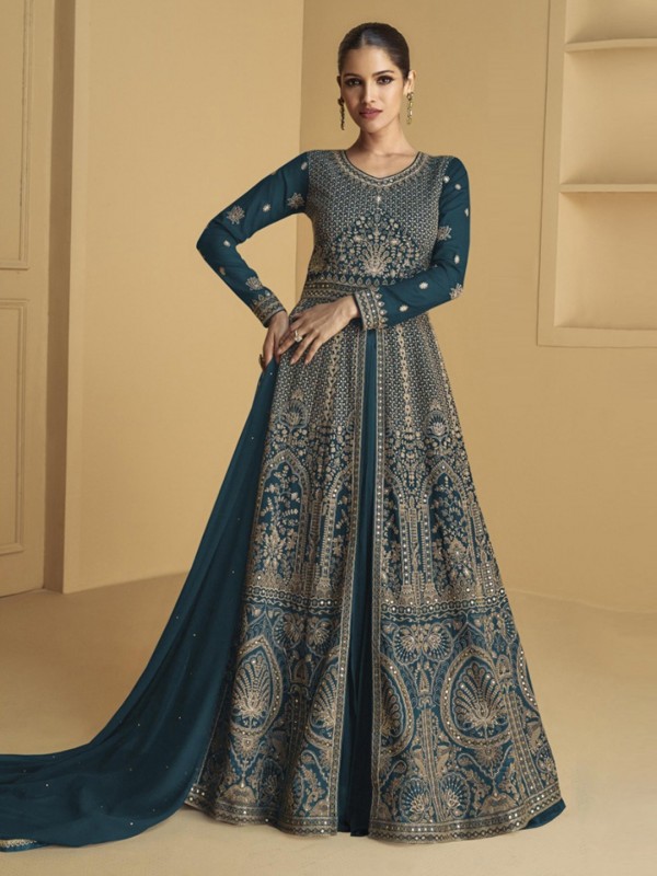 Real Georgette Silk Party Wear Gown Teal Blue Color with Embroidery Work