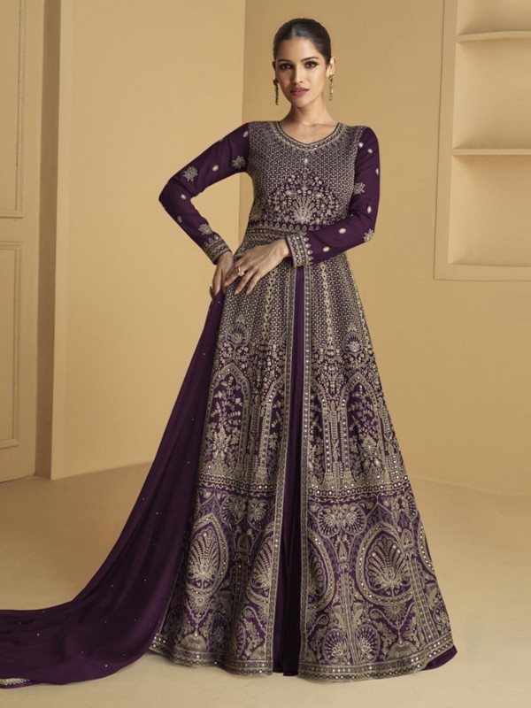 Real Georgette Silk Party Wear Gown Wine Color with Embroidery Work
