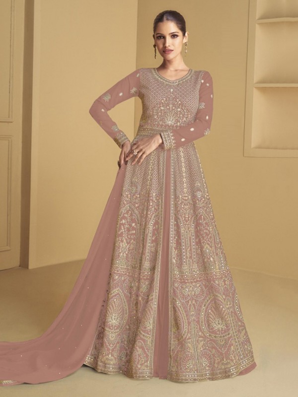 Real Georgette Silk Party Wear Gown Peach Color with Embroidery Work