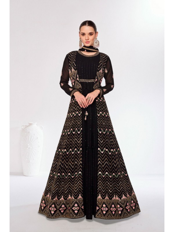 Pure Chinon Silk  Party Wear Gown In Black Color  With Embroidery Work 