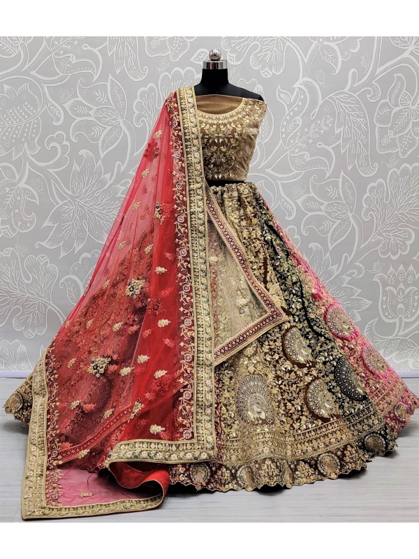 Pure Micro Velvet Bridal  Wear Lehenga In Mutlicolor With Embroidery Work 