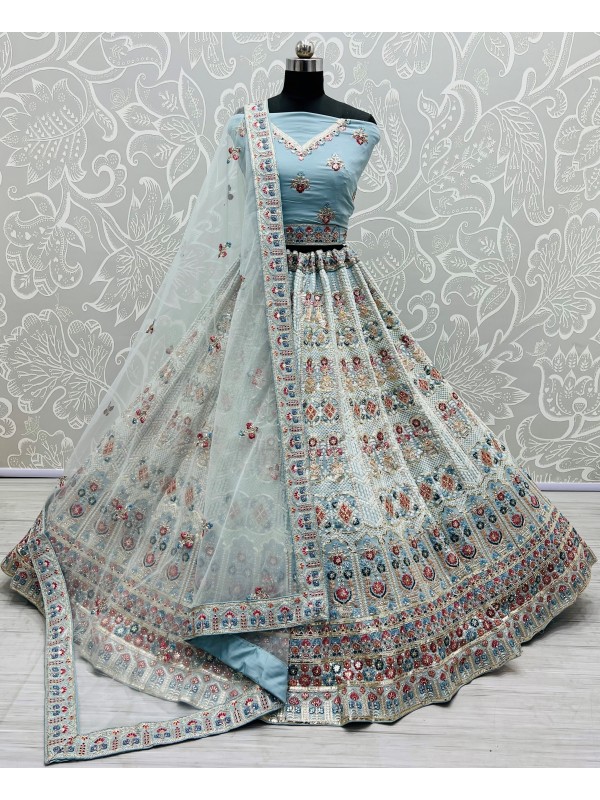 Pure Geogratte fabric Bridel Wear Lehenga In Sky Blue Color With Embroidery Work