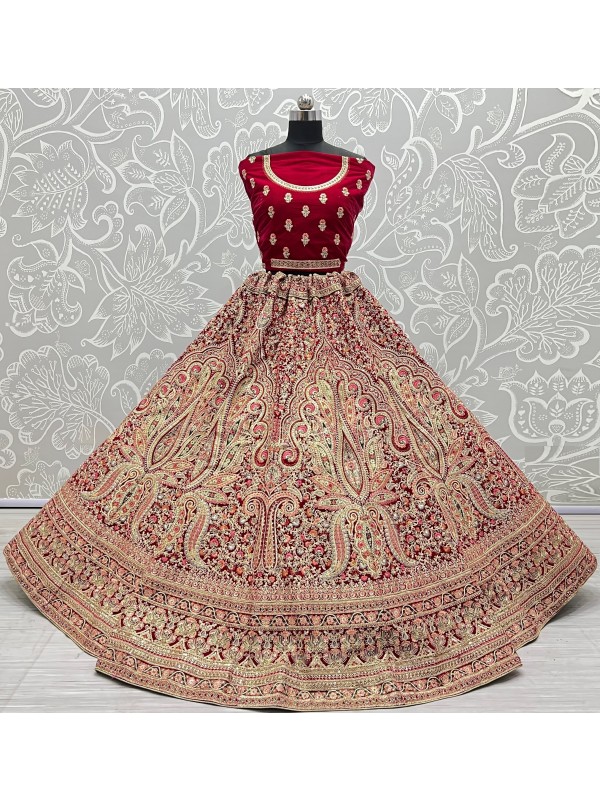 Pure Micro Velvet Bridal  Wear Lehenga In Red Color With Embroidery Work and Sequance Work