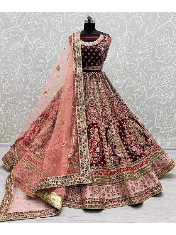 Pure Micro  Velvet Bridal  Wear Lehenga In Wine With Embroidery Work 