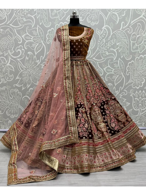 Pure Micro  Velvet Bridal  Wear Lehenga In Mustard With Embroidery Work 