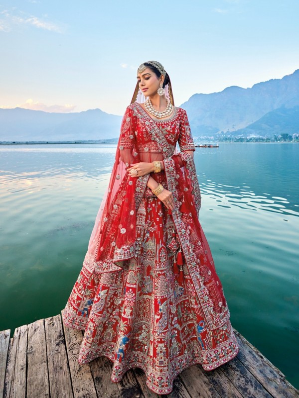 Pure Silk Bridal Lehenga in Red Color With Embroidery work