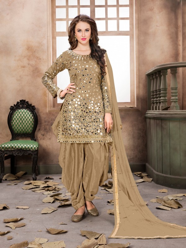 Satin Silk Party Wear Readymade Salwar Suit In Beige Embroidered Work,Stone ,Mirror work