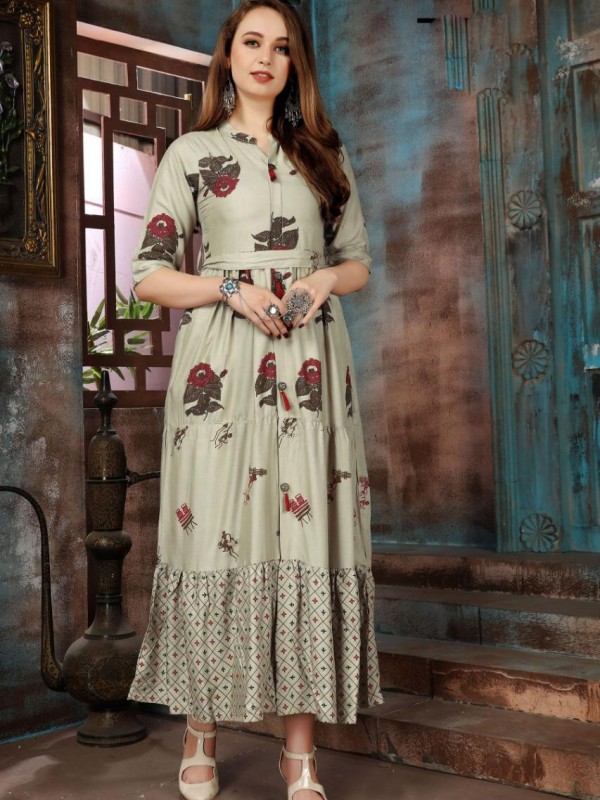 Heavy Rayon Long Kurti In Silver Color