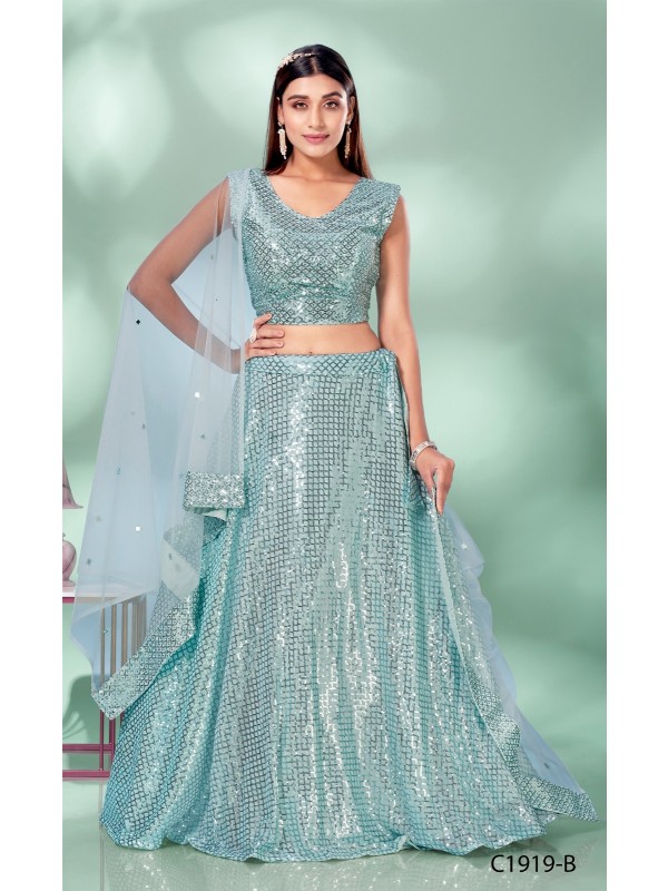 Soft Premium Net Fabrics Party Wear Lehenga in Sea Blue Color With Embroidery  