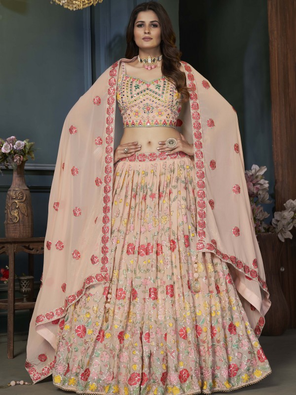 Geogratte  Fabrics Party Wear Lehenga in Peach Color With Embrodiery  