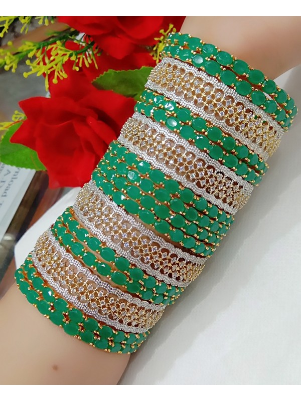Golden Color Bangles with White&Green Diamond 