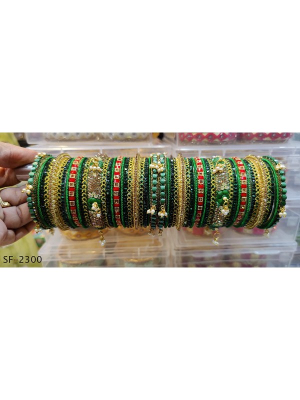 Golden Color Bridal Bangles with Green With White Diamond And Pearl