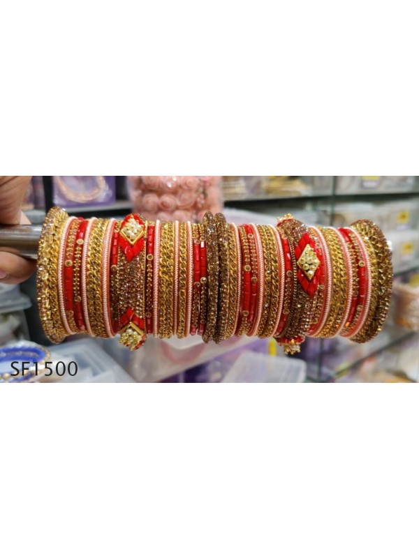 Golden Color Bridal Bangles with Red Diamond And Pearl
