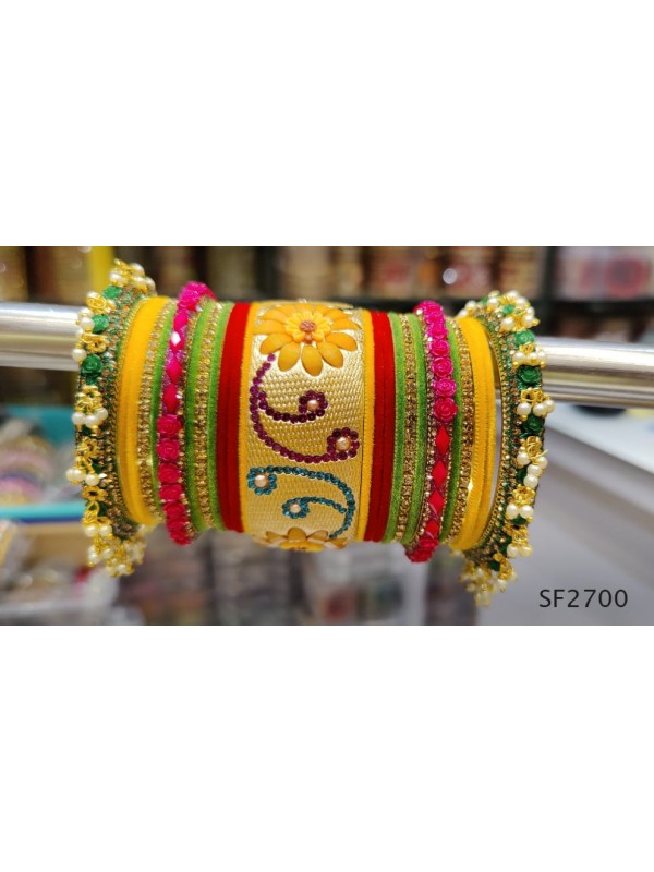 Yellow Color  Bangles With White Diamond And Pearl