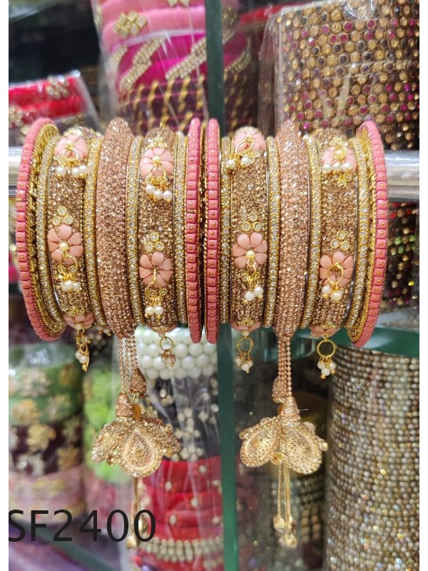 Golden & Pink Color  Bangles With White Diamond And Pearl