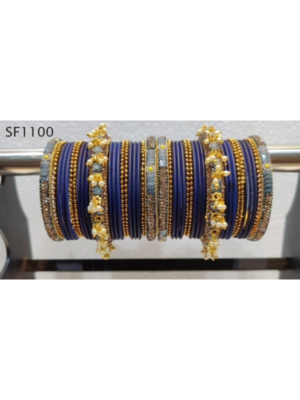 Golden & Blue Color  Bangles With White Diamond