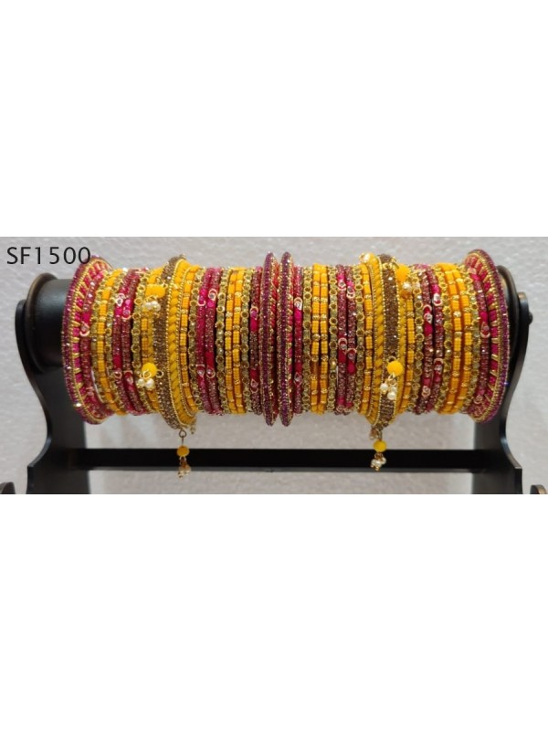 Yellow & Pink Color  Bangles With White Diamond