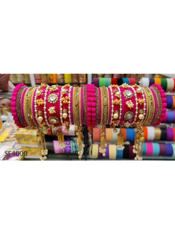 Golden & Pink Color Bridal Bangles With White Diamond