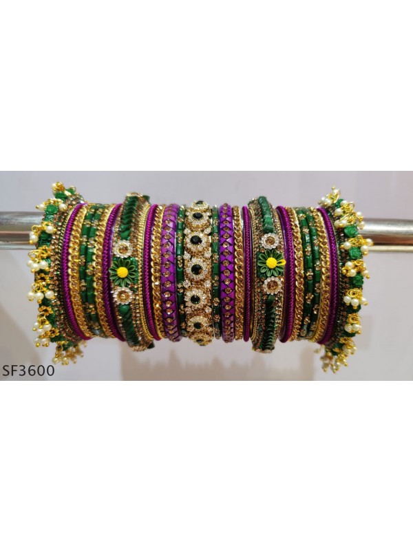 Golden & Green Color Bridal Bangles With White Diamond