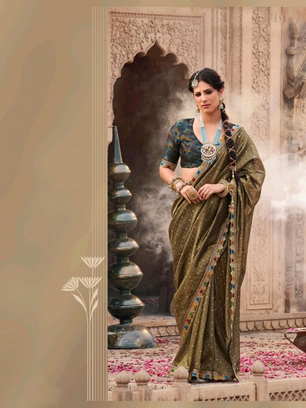 Pure Tissue Silk Party wear Saree In Olive Green Color with Embroidery Work 