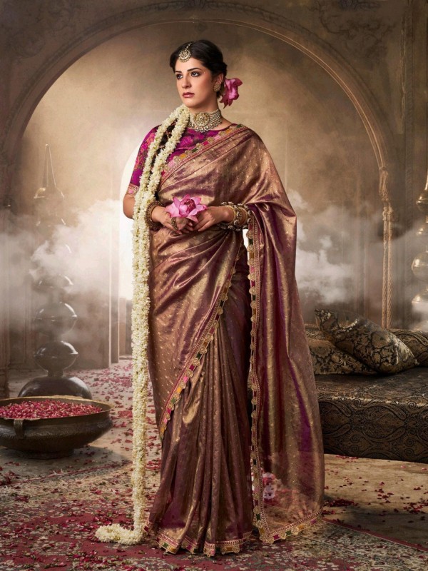 Pure Tissue Silk Party wear Saree In Brown Color with Embroidery Work 
