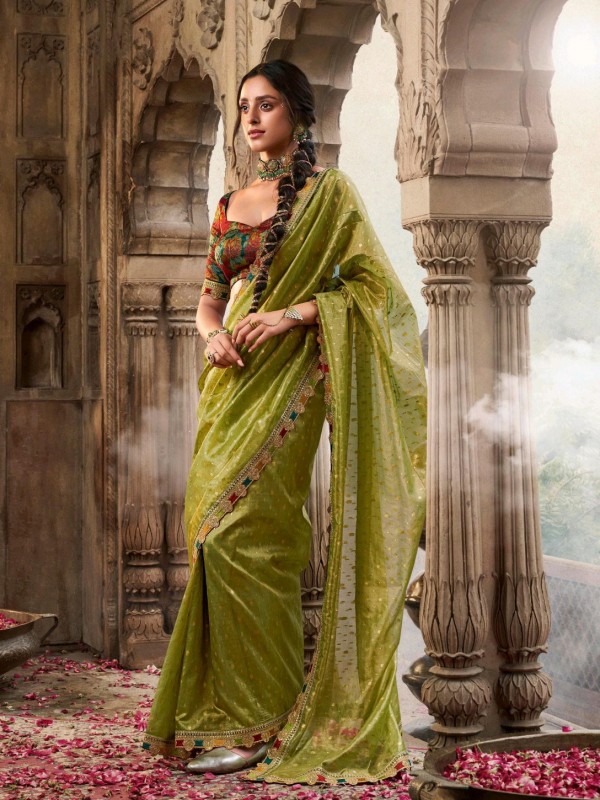 Pure Tissue Silk Party wear Saree In Lemon Green Color with Embroidery Work 