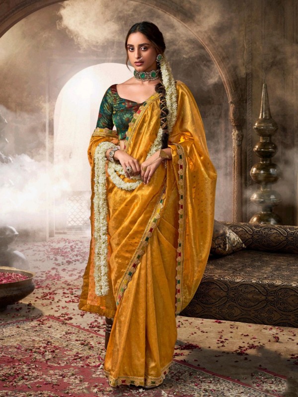 Pure Tissue Silk Party wear Saree In Yellow Color with Embroidery Work 