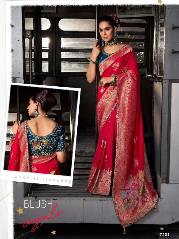 Pure Dola Silk Party wear Saree In Red Color with Embroidery Work 