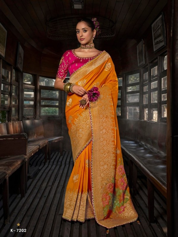Pure Dola Silk Party wear Saree In Yellow Color with Embroidery Work 