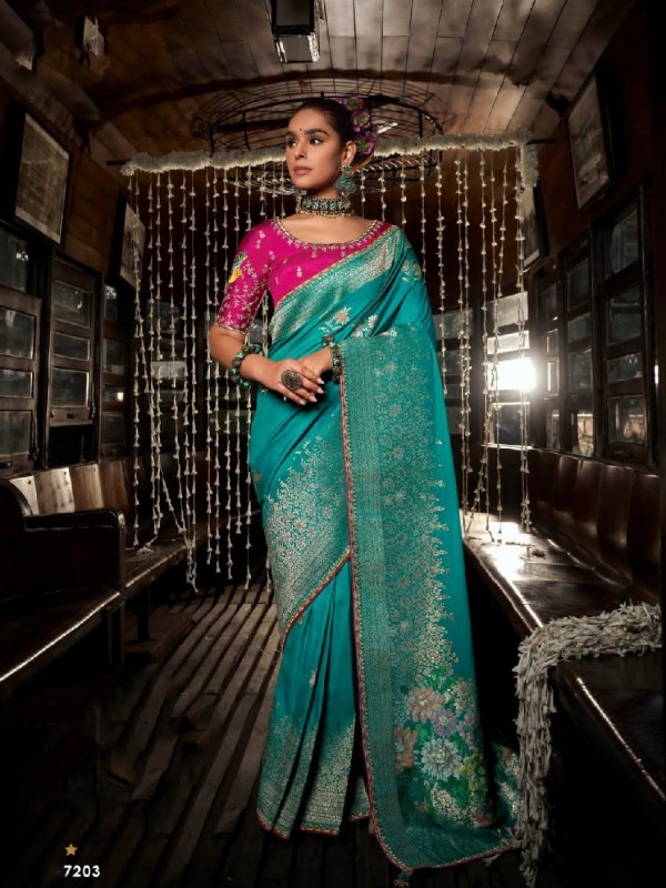 Pure Dola Silk Party wear Saree In Turquoise Color with Embroidery Work 